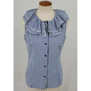 Sara Campbell Blue White Gingham Seersucker Ruffle Button Up Sleeveless Top Sz 6